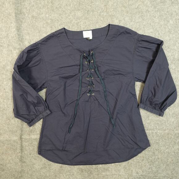 Anthropologie Top Womens Small Tie Neck Navy Blue HD in Paris 3/4 Balloon Sleeve - Picture 1 of 11